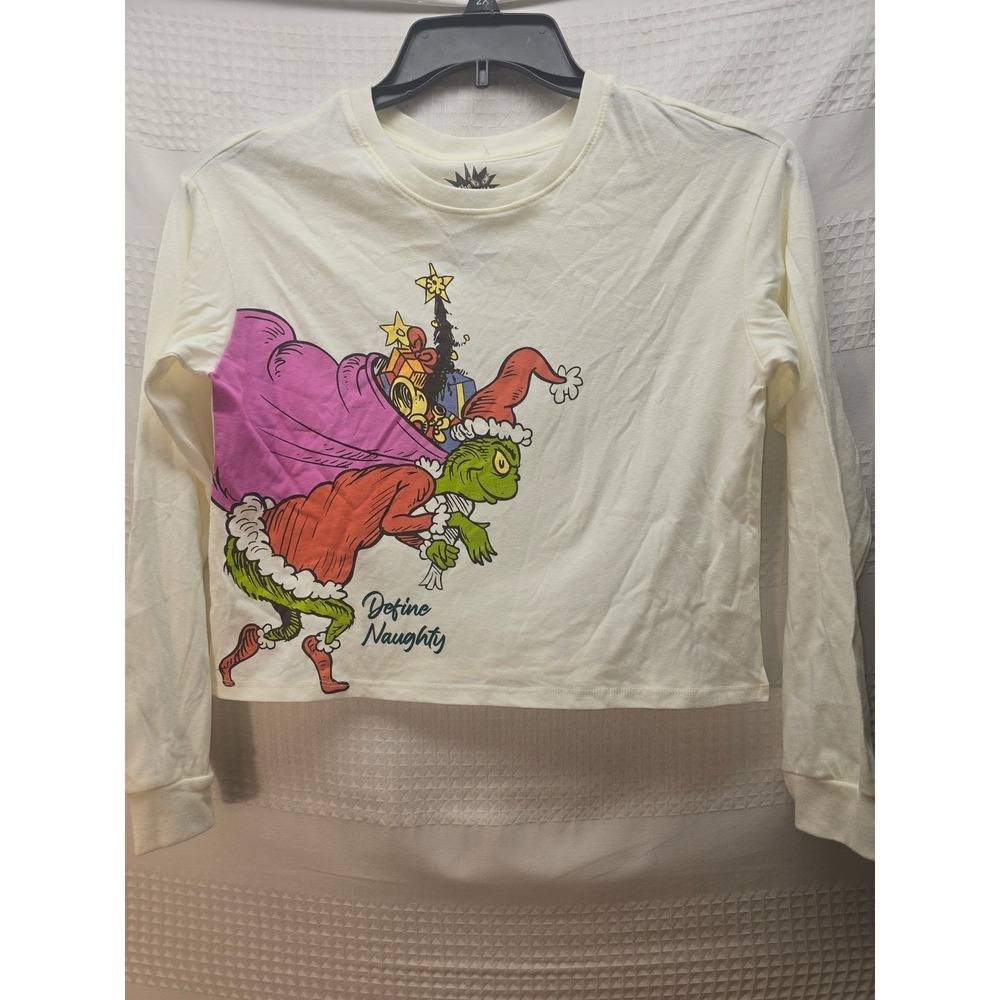 Dr. Seuss Shirt Girls Size XL 14-16 White Long Sleeve Crew Neck Cropped Grinch